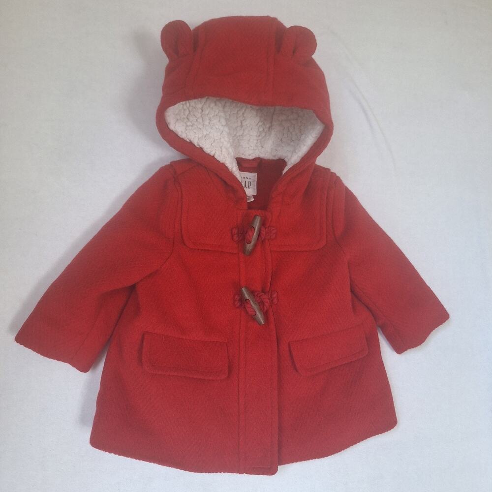 Baby Gap Red Duffle Coat 0-6 Mos Fleece Lined Bear Ears Toggle Buttons Zipper